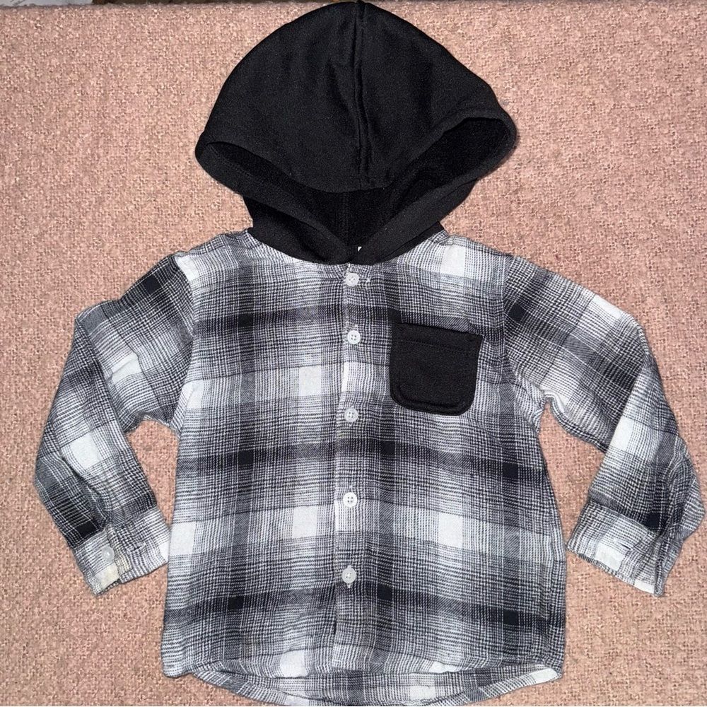 DKNY size 24 months Kids black white gray Plaid Button Down hooded flannel Shirt